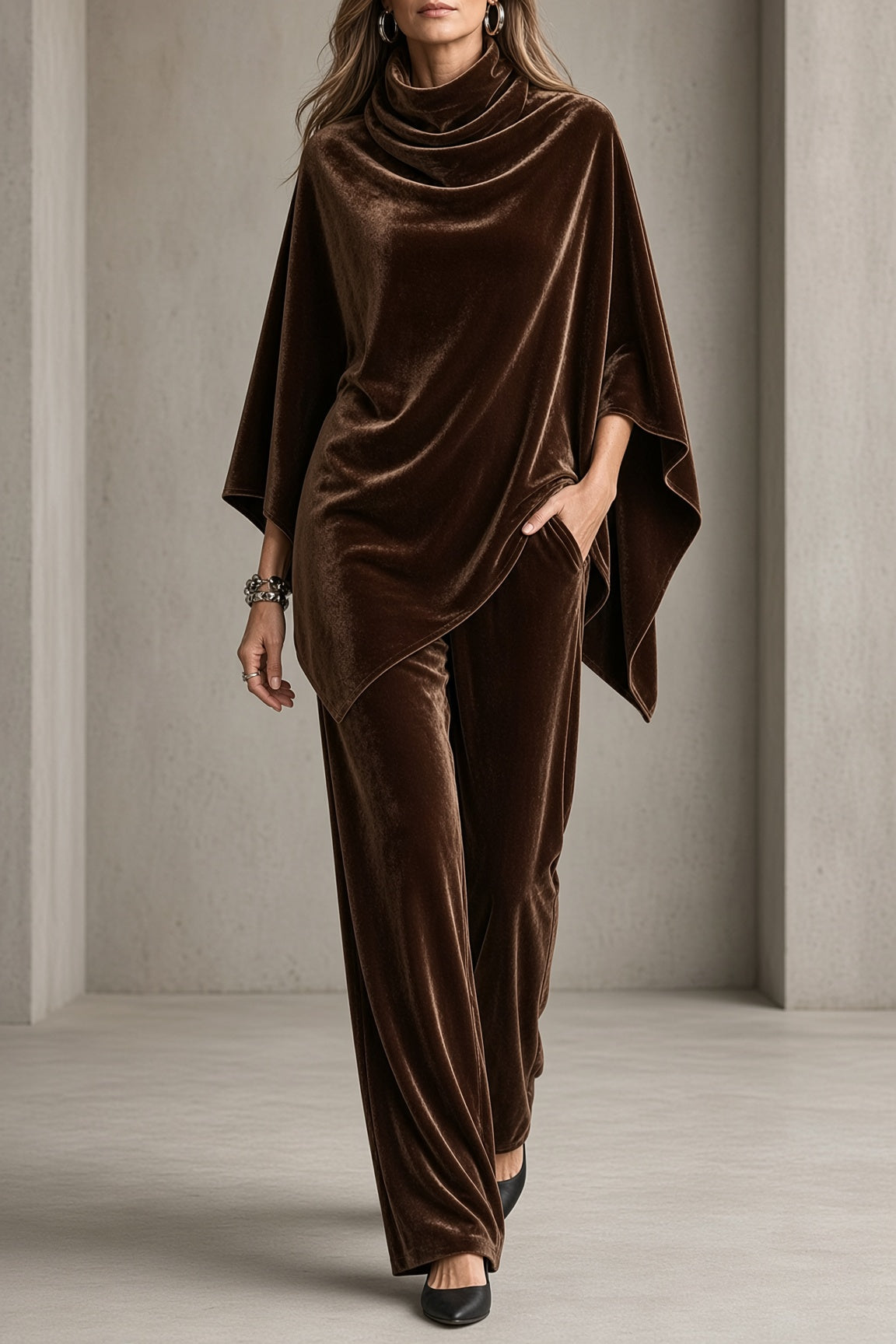 Muriel | Draped Felt Poncho Top and Wide-Leg Trouser Set