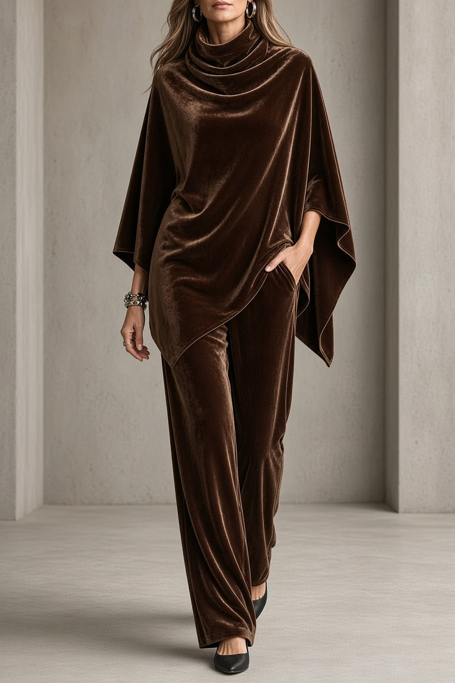 Muriel | Draped Felt Poncho Top and Wide-Leg Trouser Set