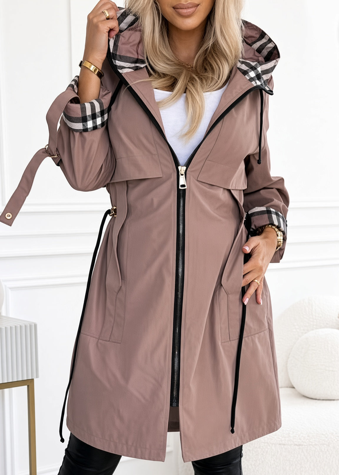 Lettie | Longline Hooded Zip Coat with Plaid Trim