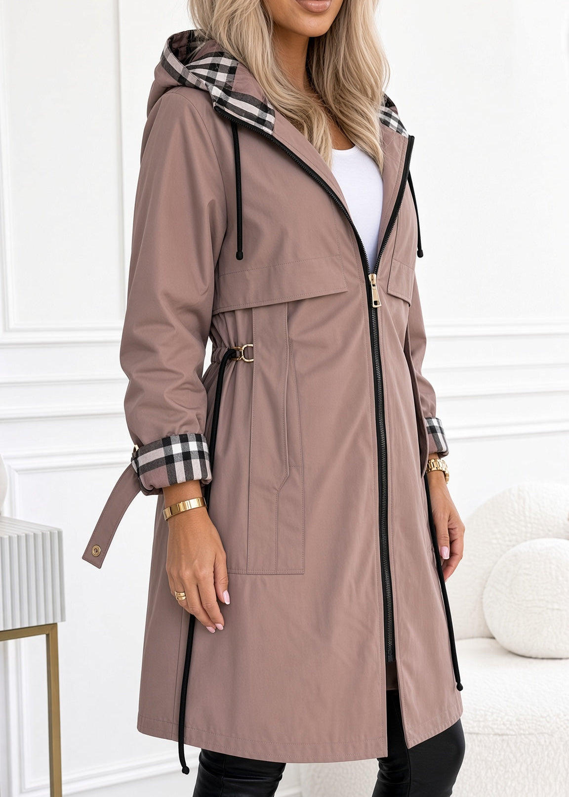 Lettie | Longline Hooded Zip Coat with Plaid Trim