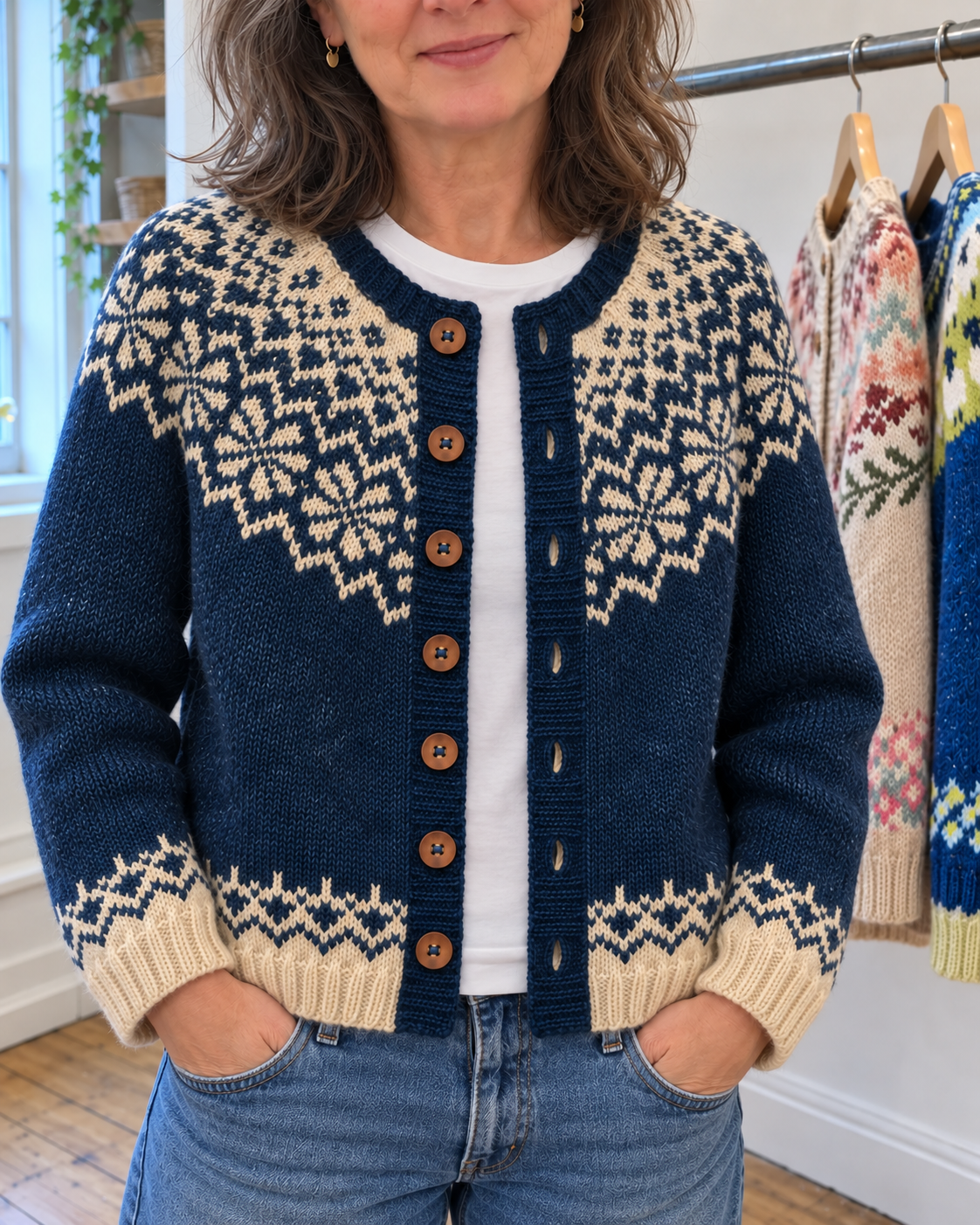 Hannah | Navy Snowflake Yoke Button-Front Cardigan