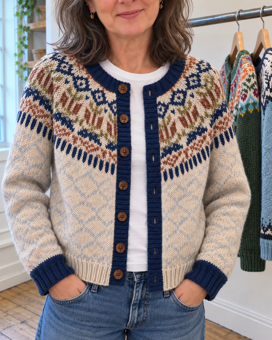 Hayley | Cream and Navy Nordic Yoke Cardigan