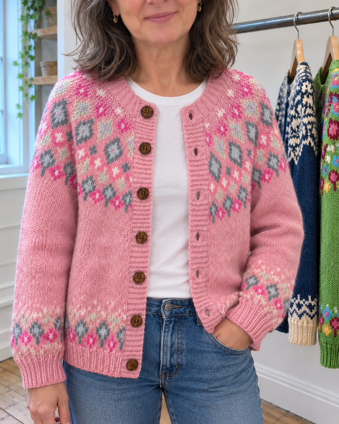 Hazel | Pink Floral Diamond Button-Front Cardigan