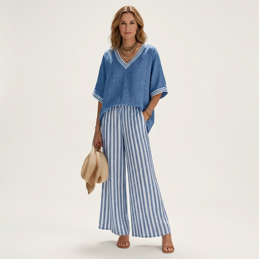 Diana | Varsity Trim Top & Stripe Wide-Leg Set