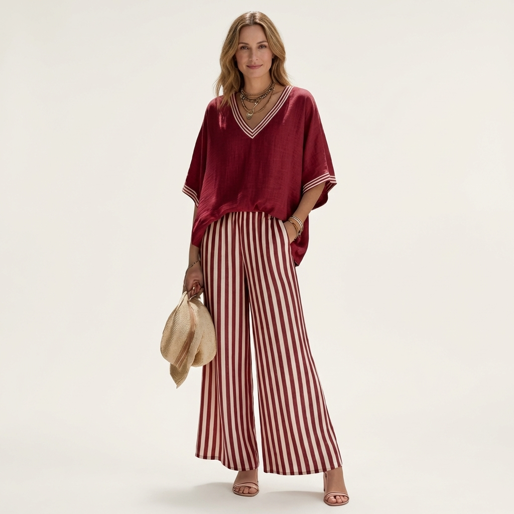 Diana | Varsity Trim Top & Stripe Wide-Leg Set