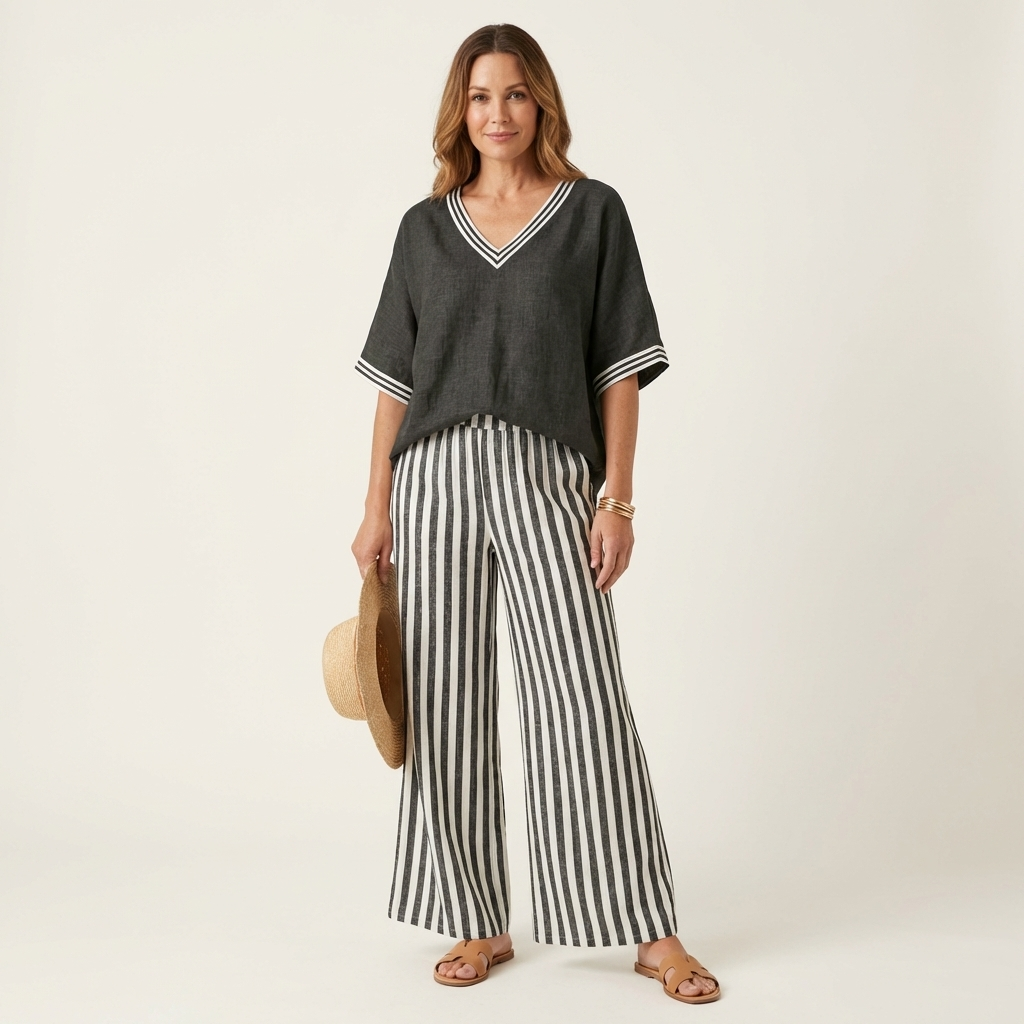 Diana | Varsity Trim Top & Stripe Wide-Leg Set