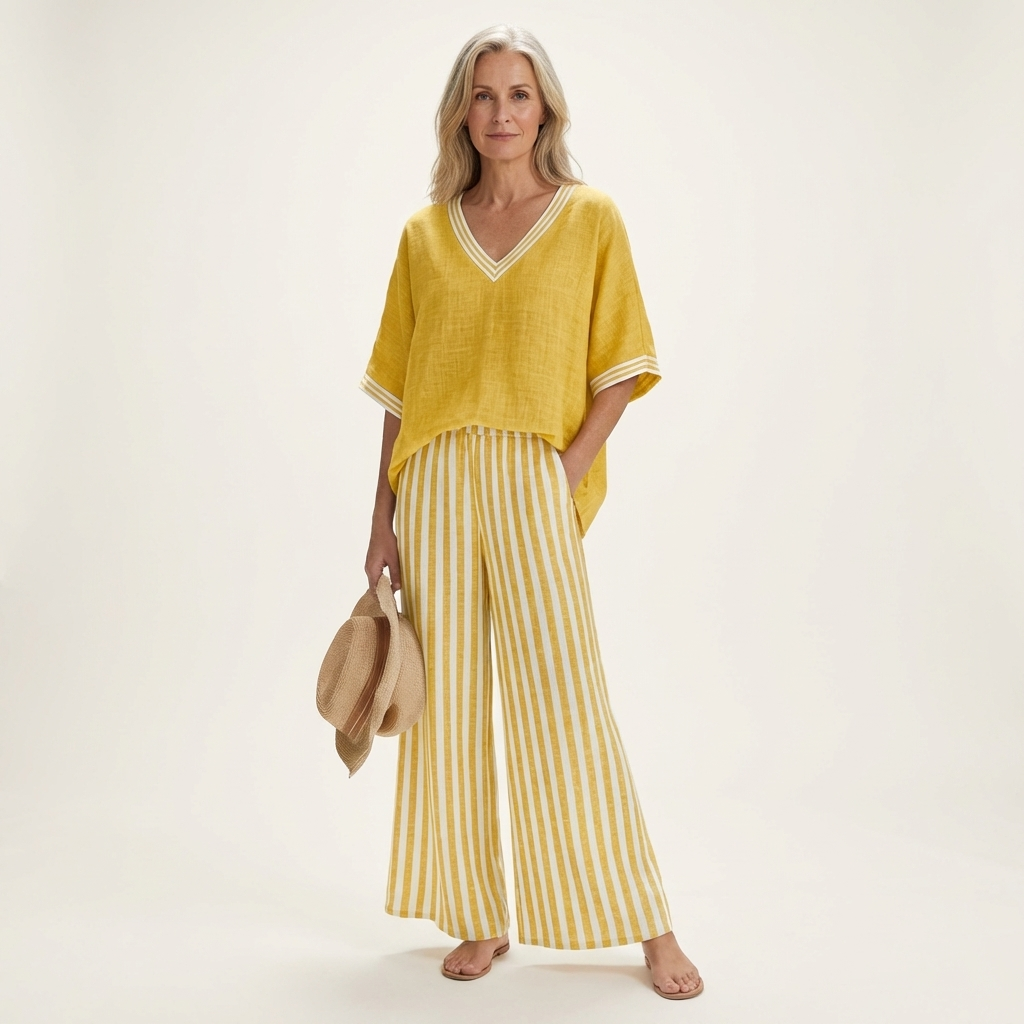 Diana | Varsity Trim Top & Stripe Wide-Leg Set