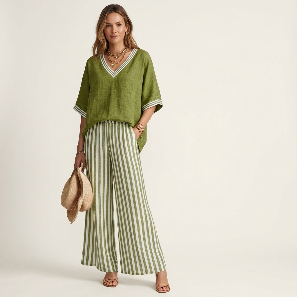 Diana | Varsity Trim Top & Stripe Wide-Leg Set