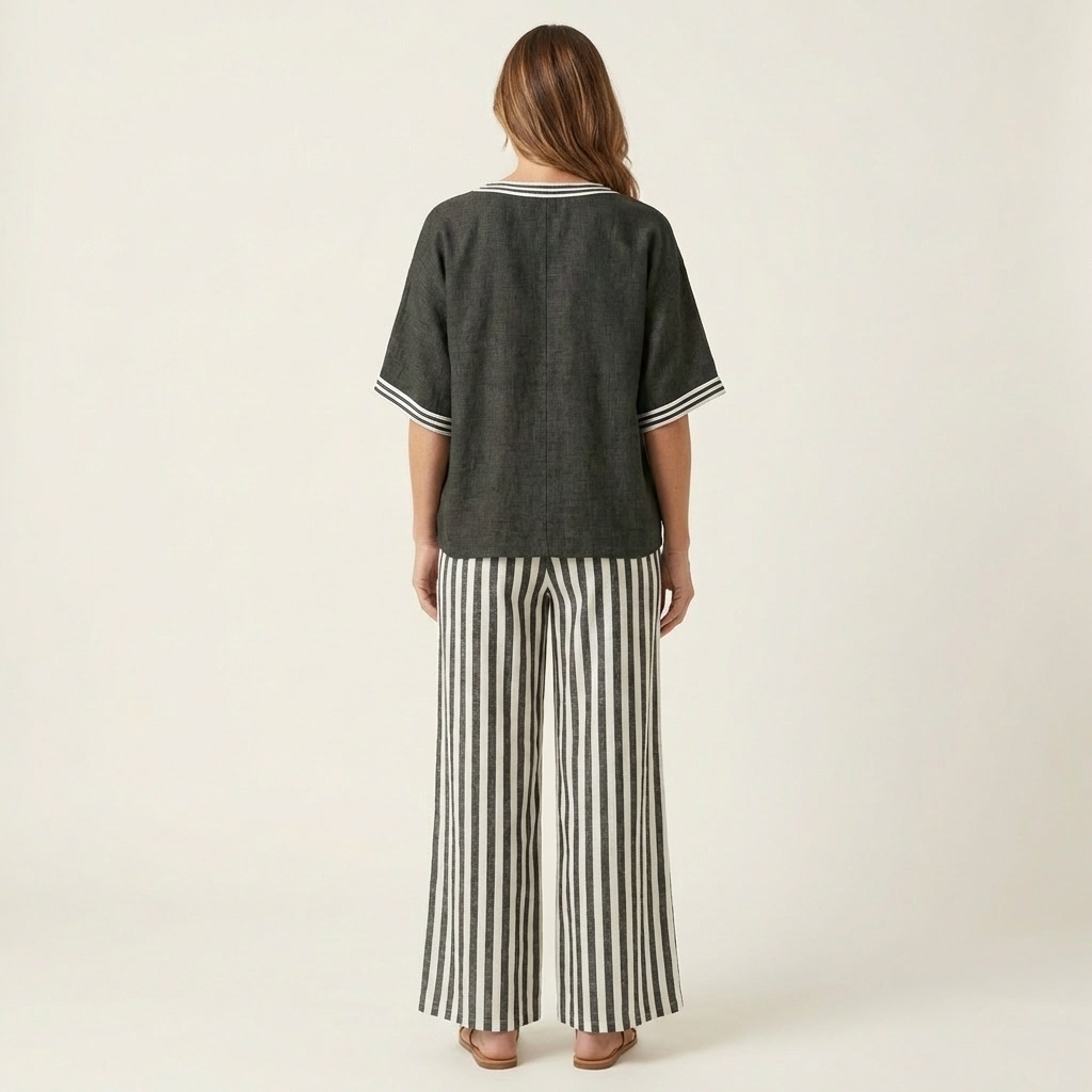 Diana | Varsity Trim Top & Stripe Wide-Leg Set