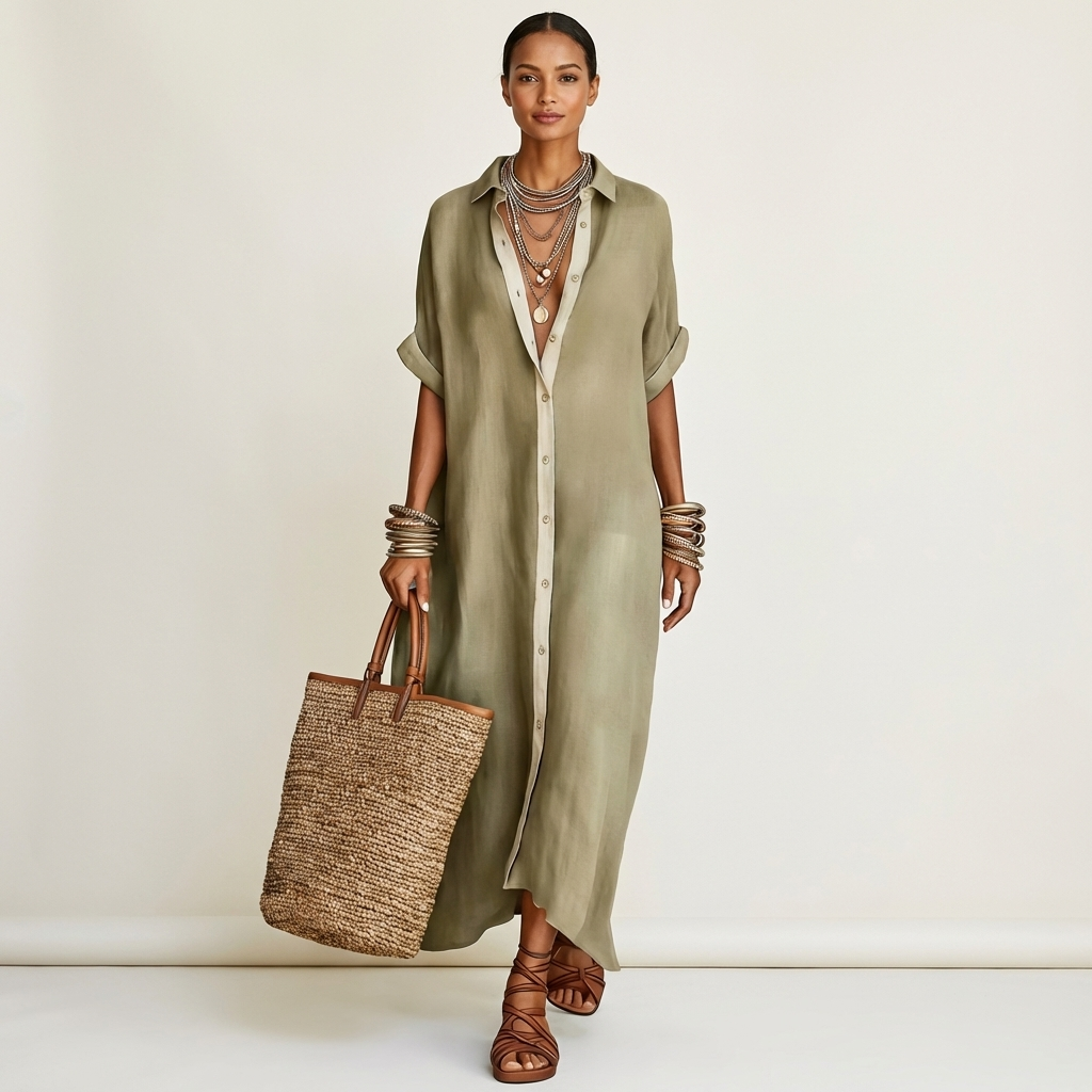 Cordelia | Contrast-Collar Maxi Shirt Dress