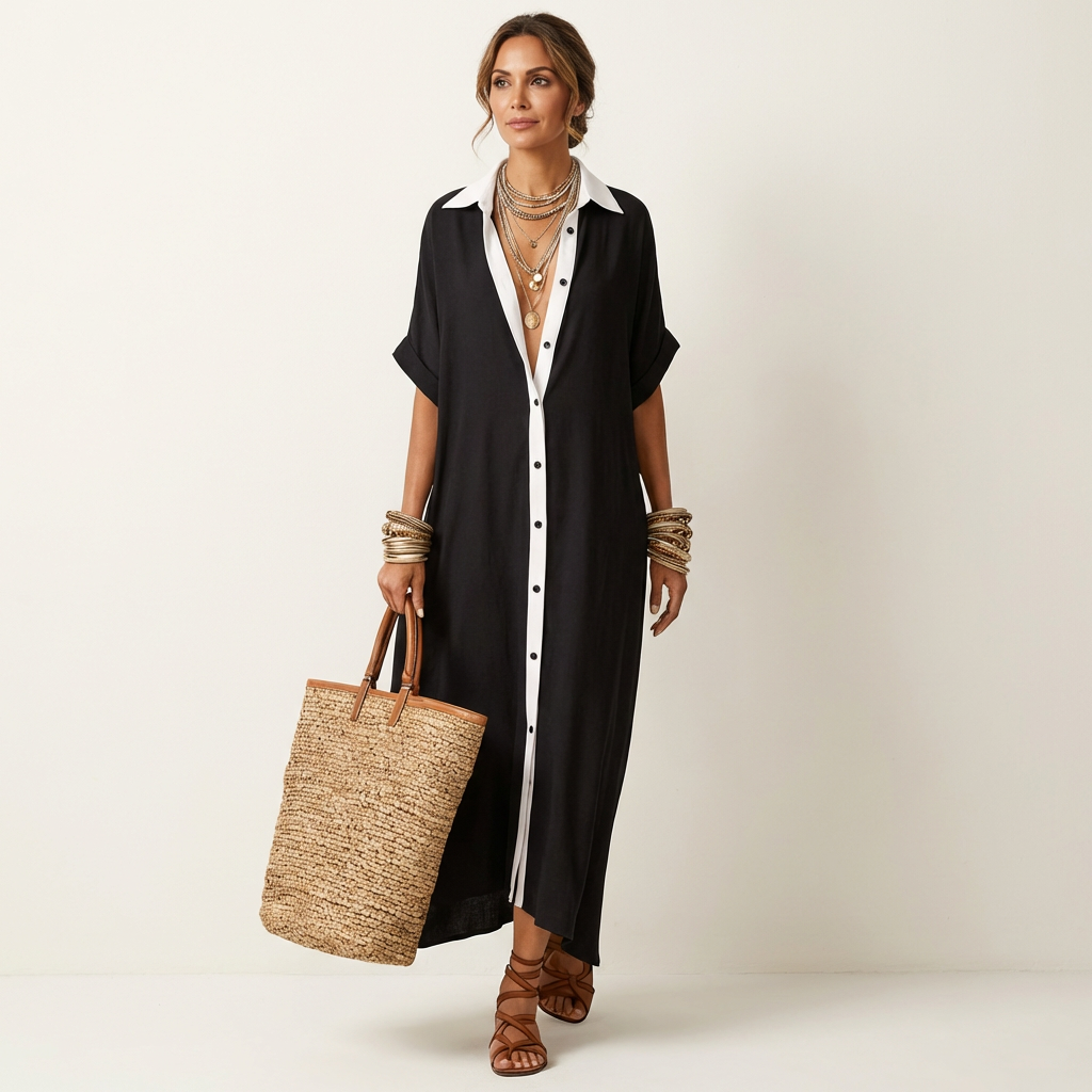 Cordelia | Contrast-Collar Maxi Shirt Dress