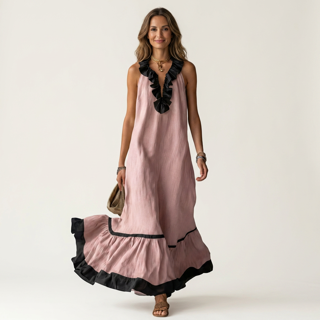 Margot | Ruffle-Neck Contrast-Trim Maxi Dress