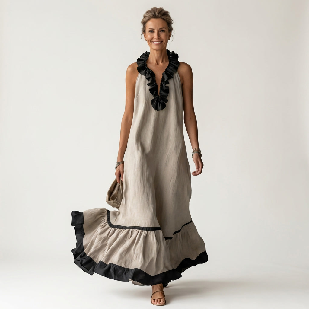 Margot | Ruffle-Neck Contrast-Trim Maxi Dress