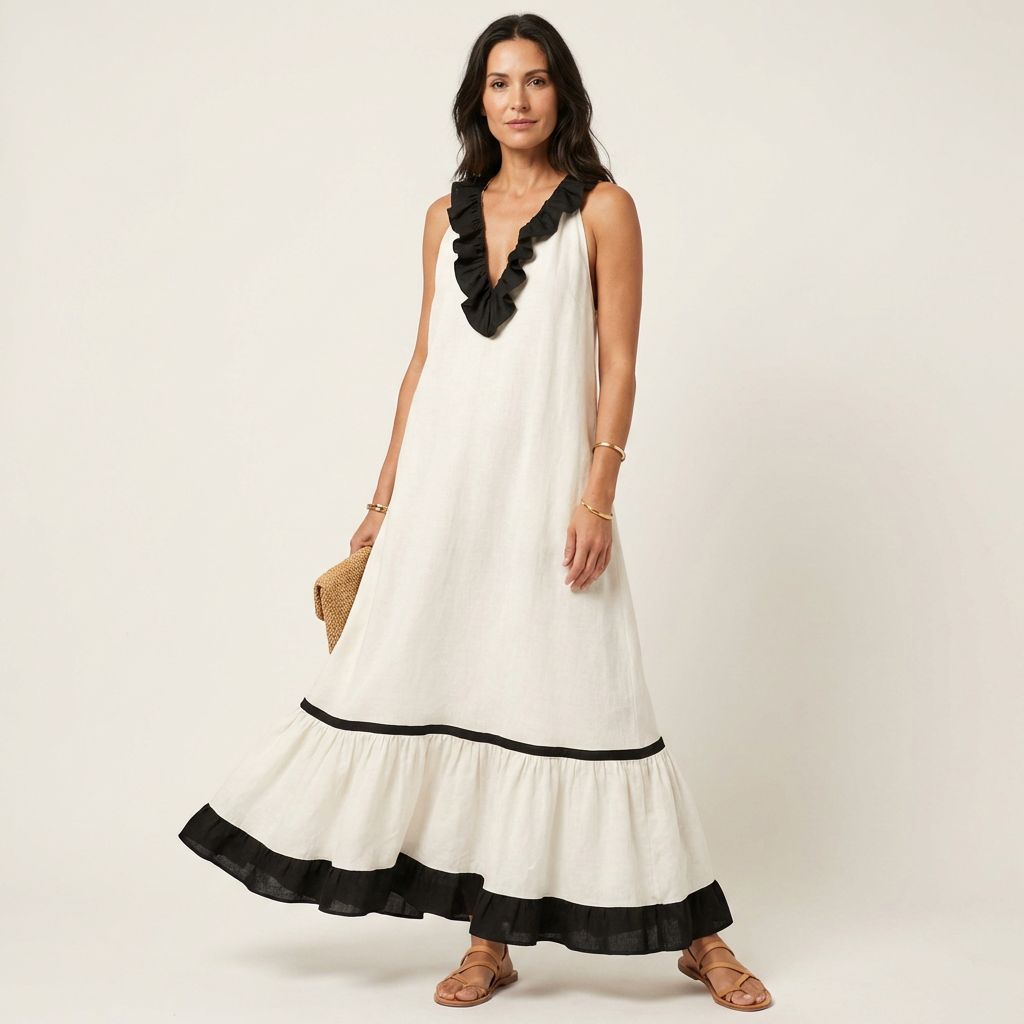 Margot | Ruffle-Neck Contrast-Trim Maxi Dress