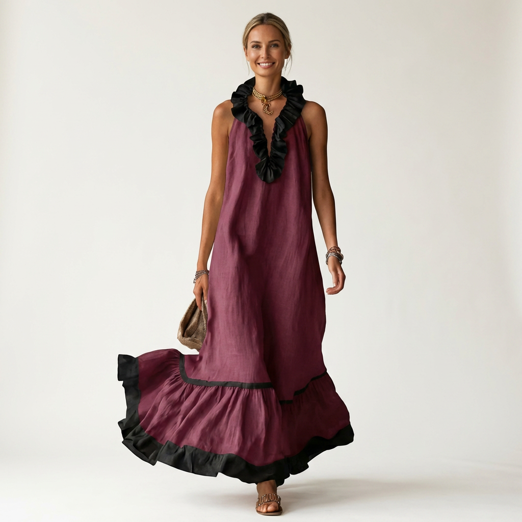 Margot | Ruffle-Neck Contrast-Trim Maxi Dress