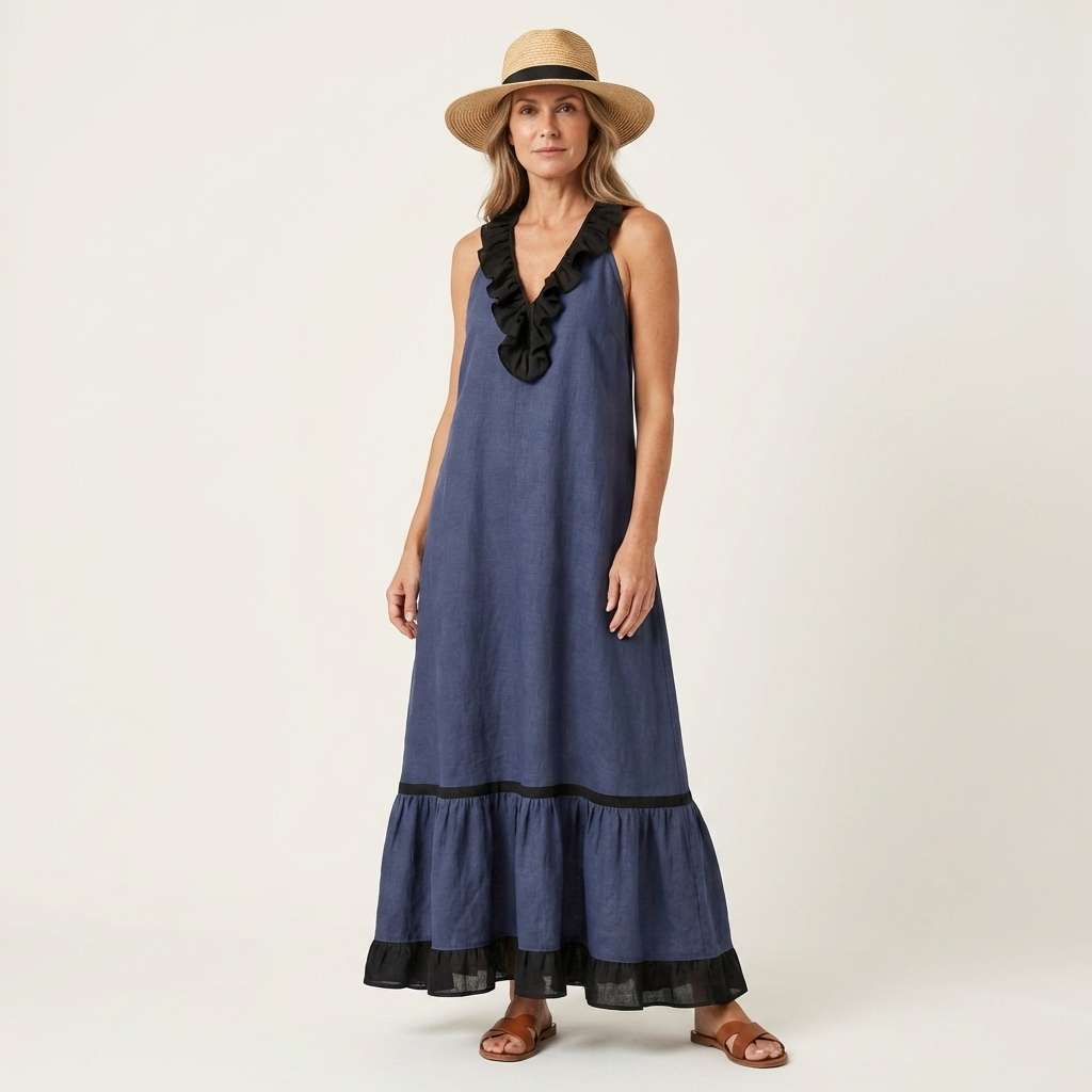 Margot | Ruffle-Neck Contrast-Trim Maxi Dress