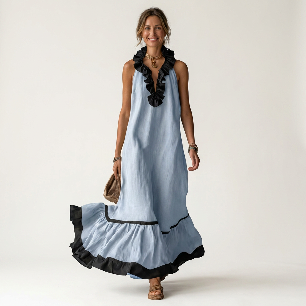 Margot | Ruffle-Neck Contrast-Trim Maxi Dress