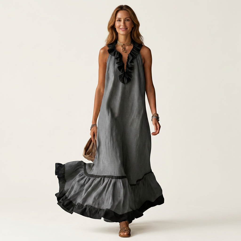 Margot | Ruffle-Neck Contrast-Trim Maxi Dress