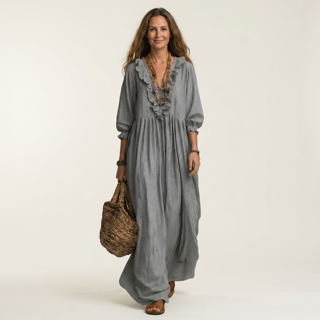 Rosalind | Striped Lantern-Sleeve Maxi Dress