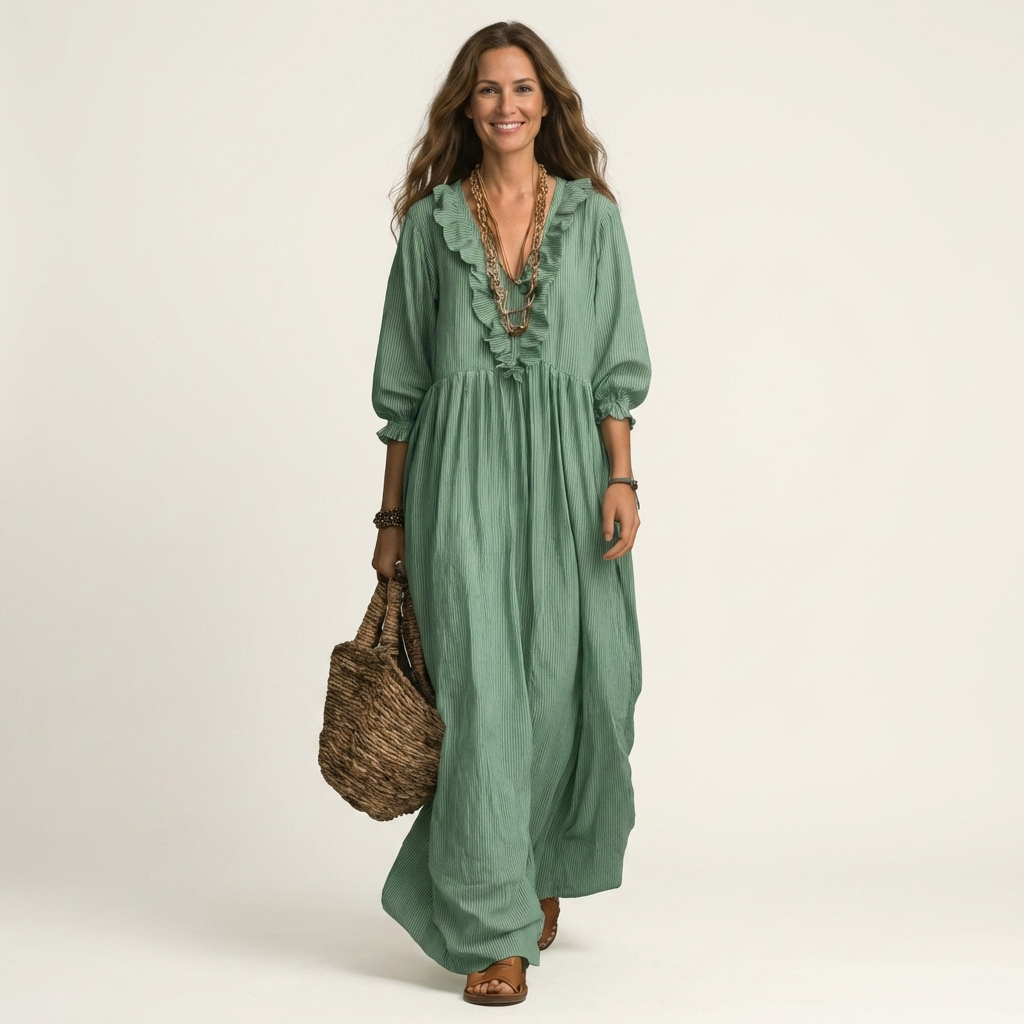 Rosalind | Striped Lantern-Sleeve Maxi Dress
