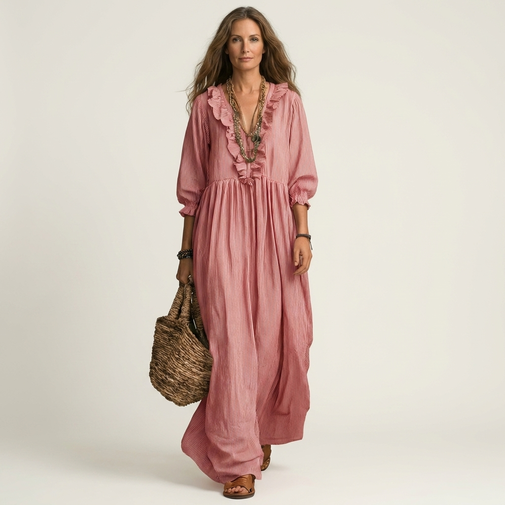 Rosalind | Striped Lantern-Sleeve Maxi Dress