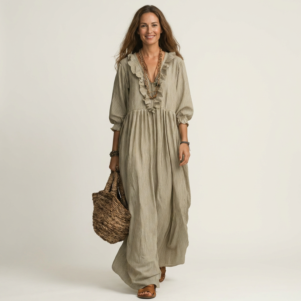 Rosalind | Striped Lantern-Sleeve Maxi Dress