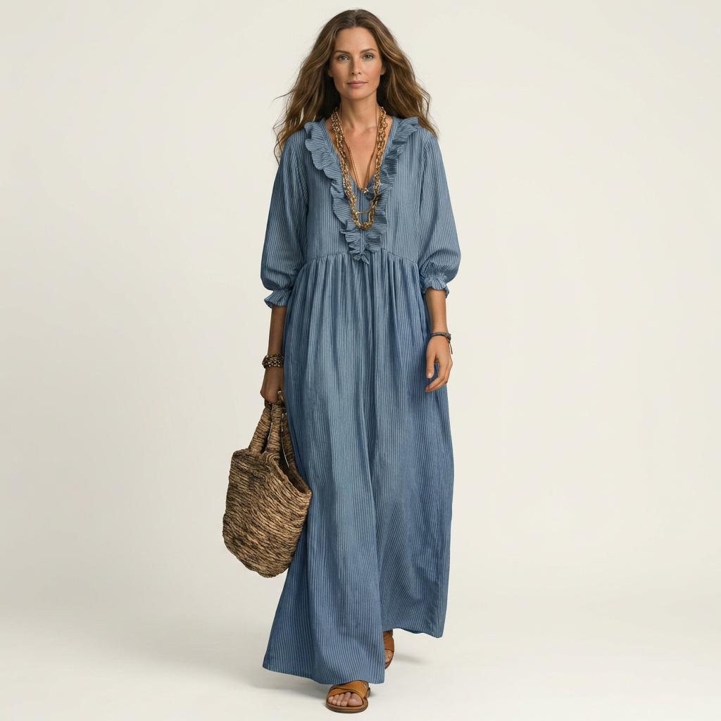 Rosalind | Striped Lantern-Sleeve Maxi Dress