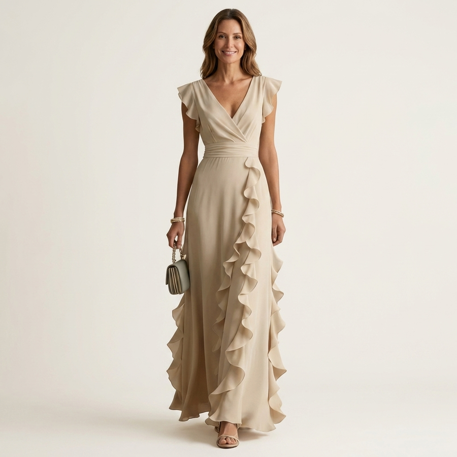 Jemima | Wrap V-Neck Cascading Ruffle Maxi Dress