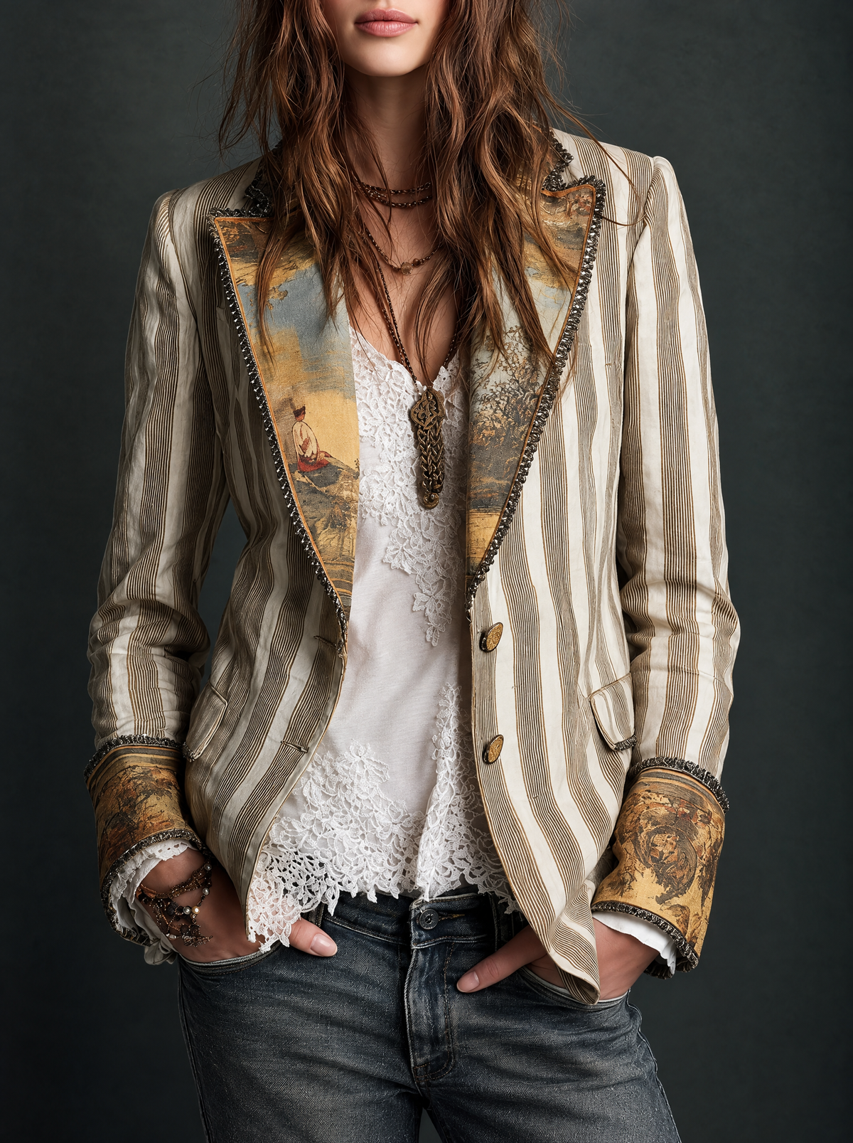 Eliza | Bohemian Striped Blazer with Printed Collar