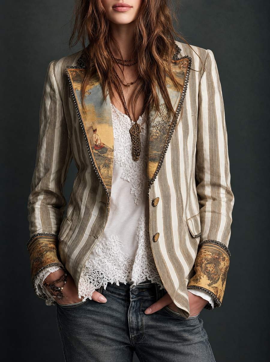 Eliza | Bohemian Striped Blazer with Printed Collar