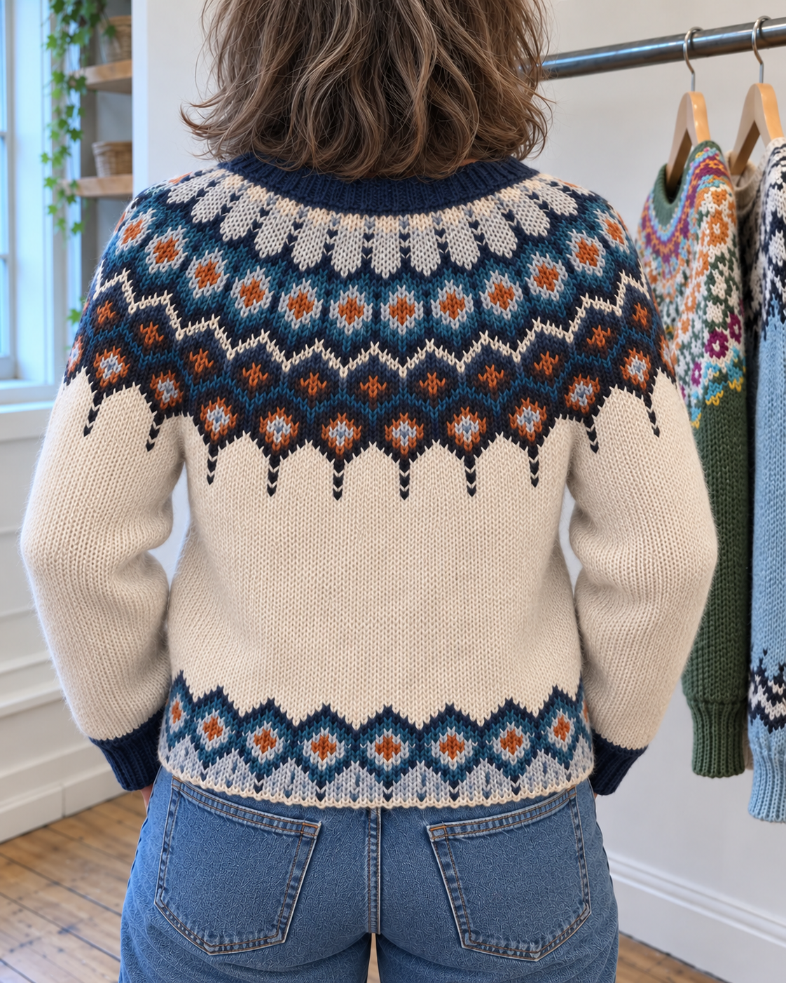 Katie | Cream and Navy Geometric Yoke Cardigan