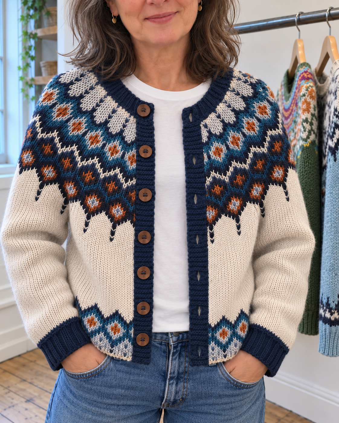 Katie | Cream and Navy Geometric Yoke Cardigan