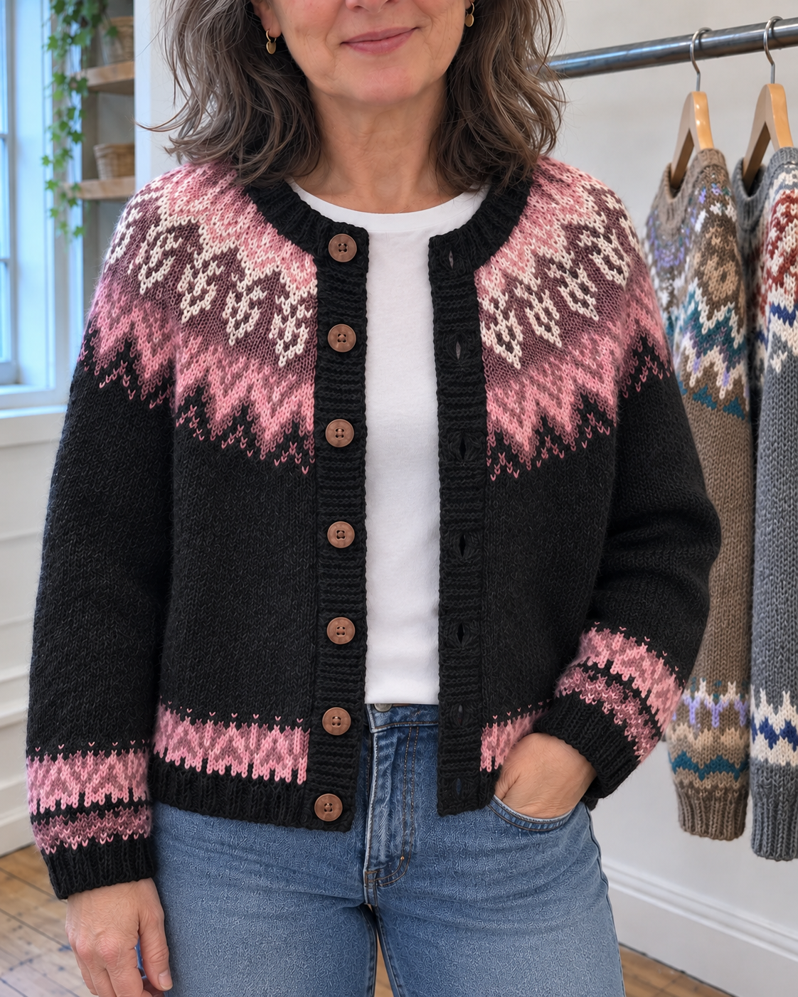 Lydia | Black and Pink Zigzag Yoke Cardigan
