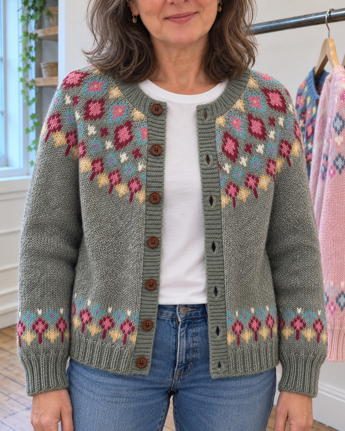 Madeline | Sage Diamond Yoke Button-Front Cardigan