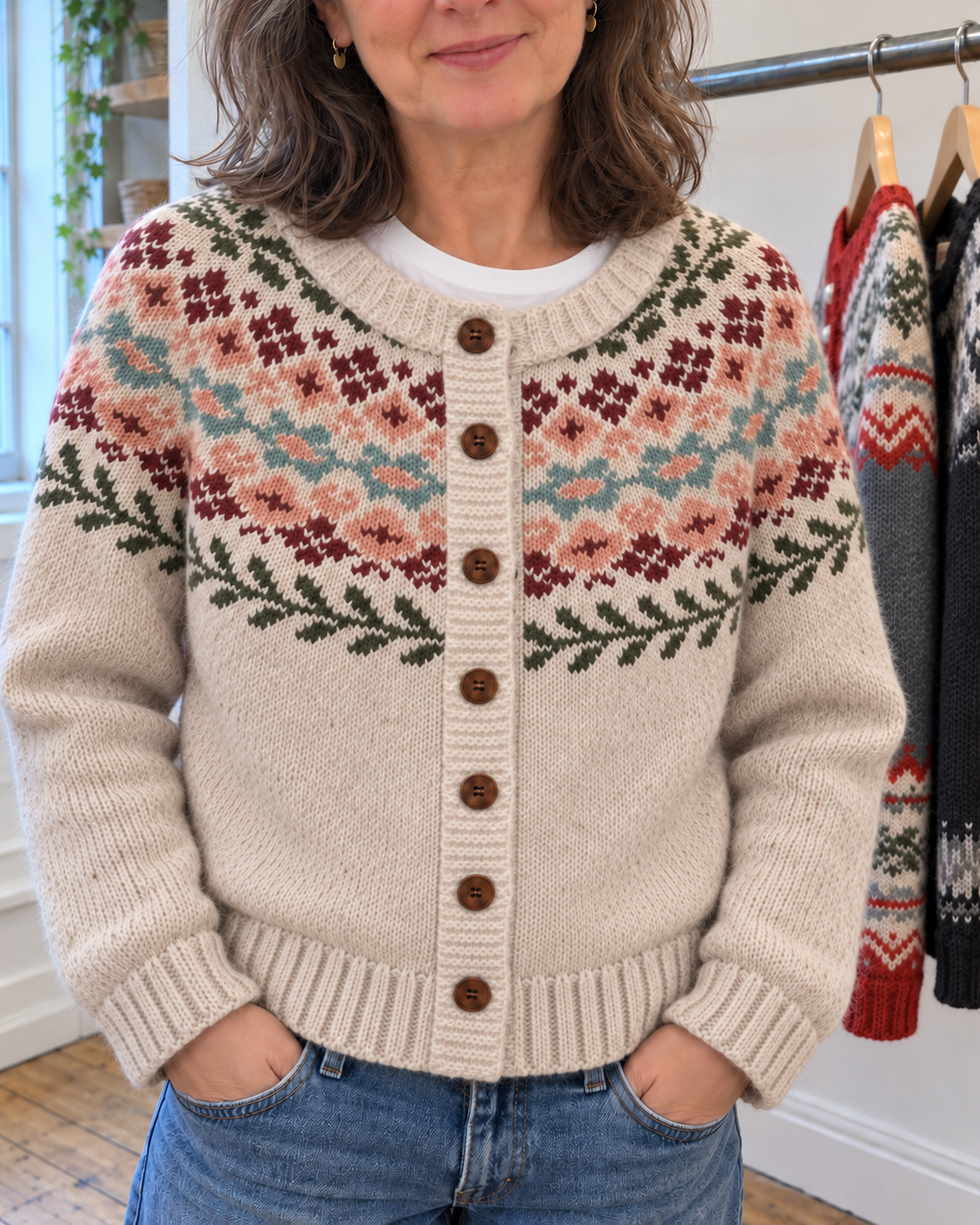 Molly | Cream Floral Fair Isle Button-Front Cardigan