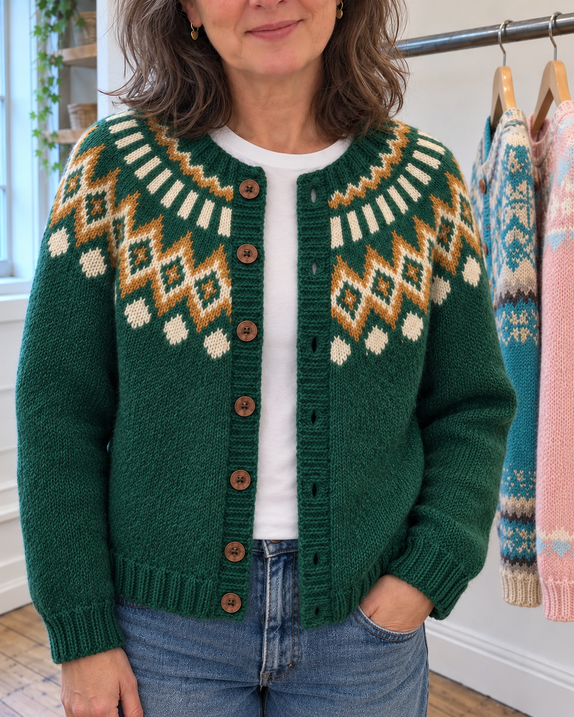 Natalie | Forest Green Diamond Yoke Cardigan