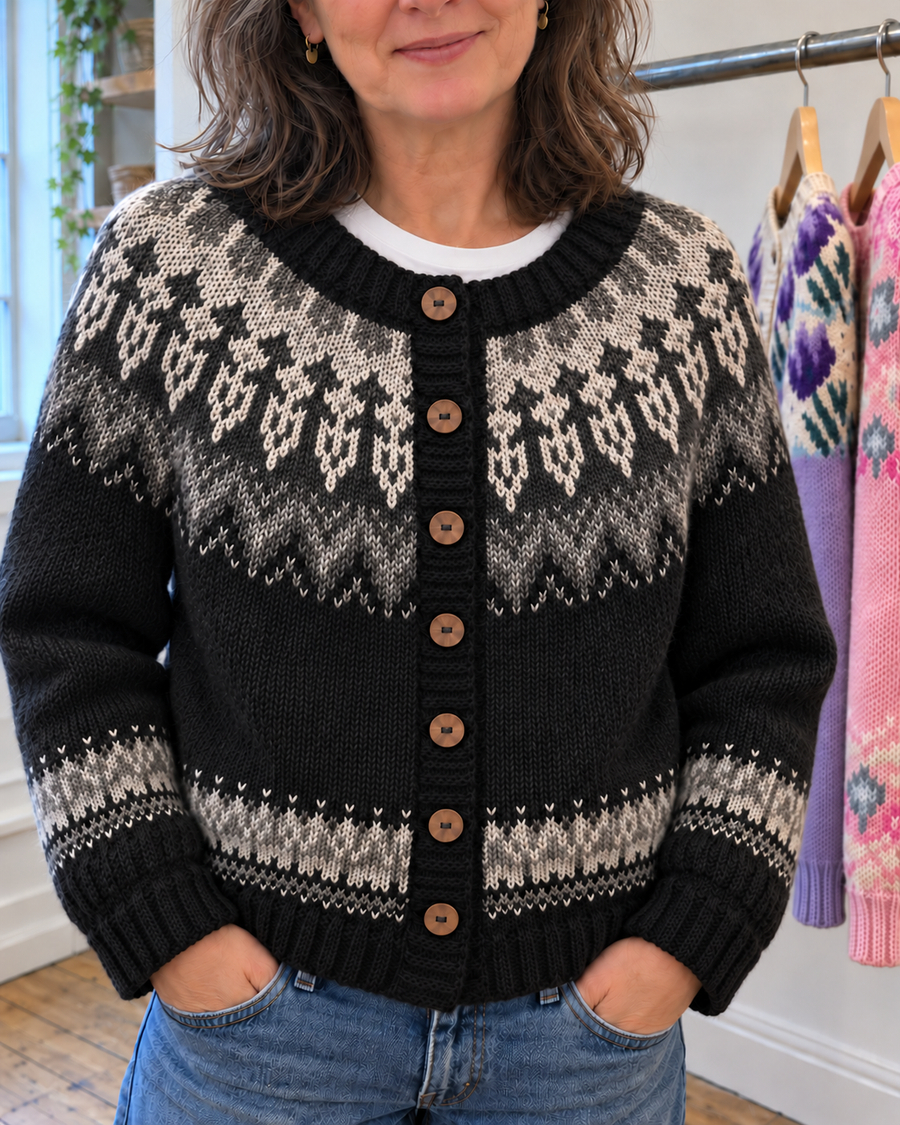 Evie | Black Nordic Yoke Button-Front Cardigan