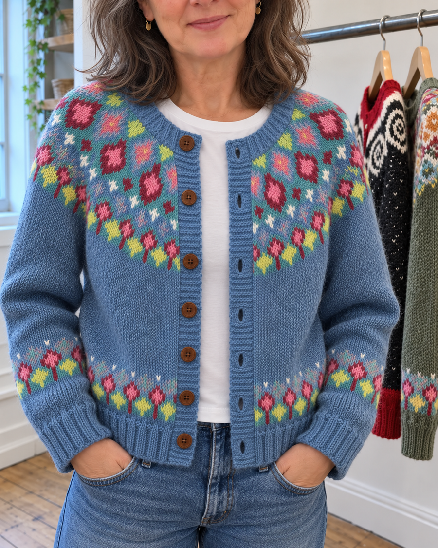 Poppy | Blue Multicolour Yoke Button-Front Cardigan