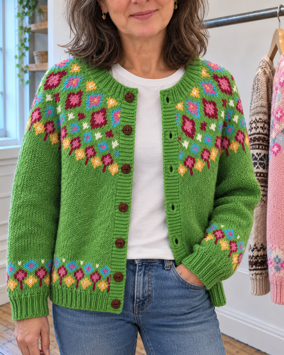 Ruby | Bright Green Diamond Yoke Cardigan