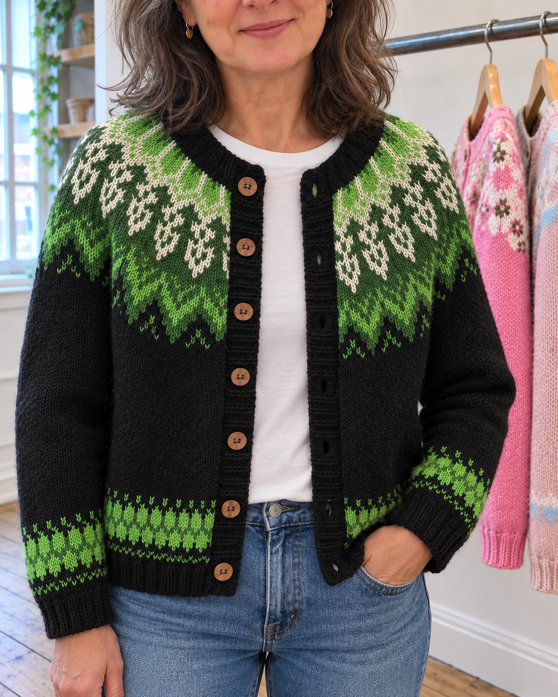 Sadie | Black and Green Leaf Yoke Cardigan