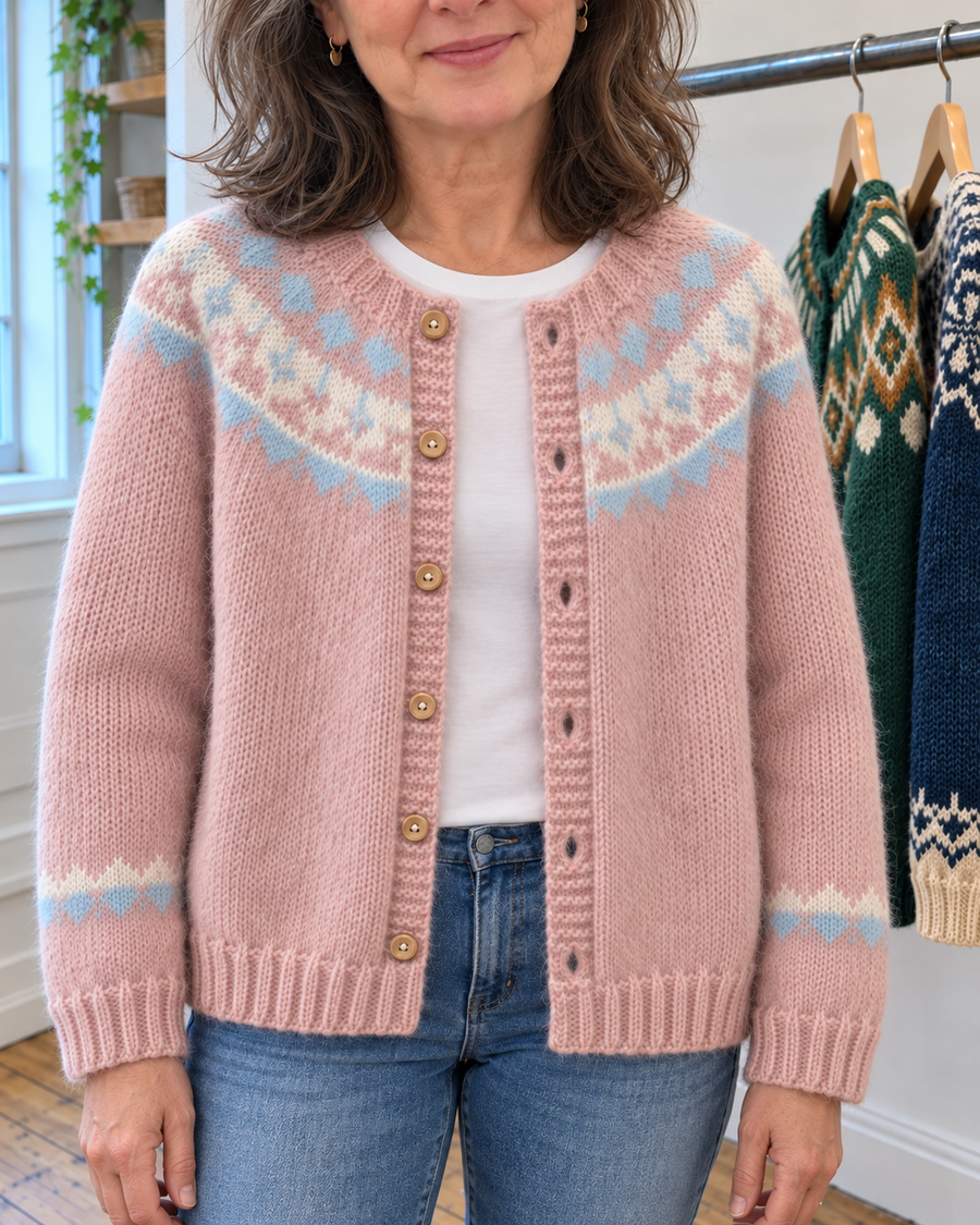 Sarah | Soft Pink Fair Isle Button-Front Cardigan
