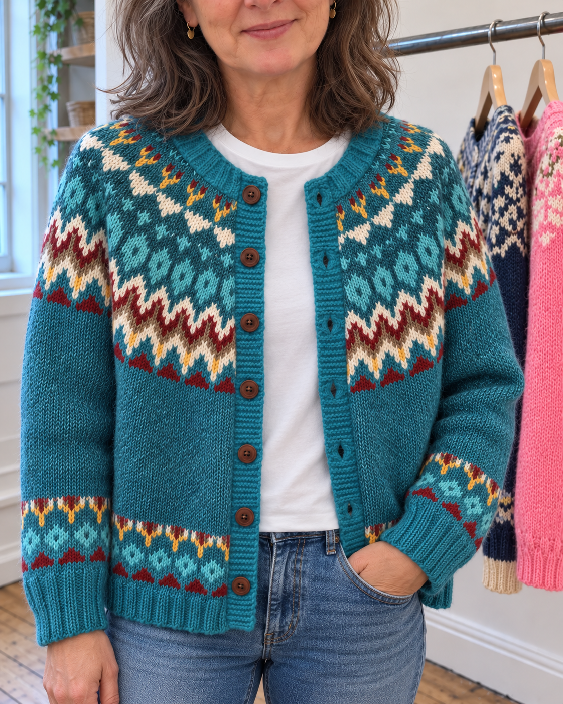 Sienna | Teal Zigzag Yoke Button-Front Cardigan