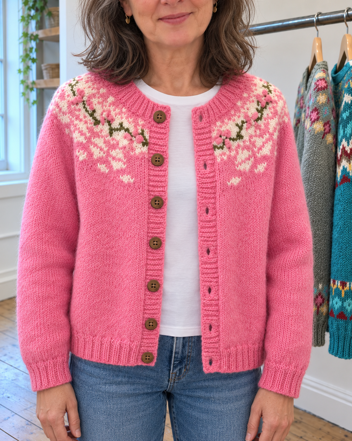 Vivian | Pink Floral Yoke Button-Front Cardigan